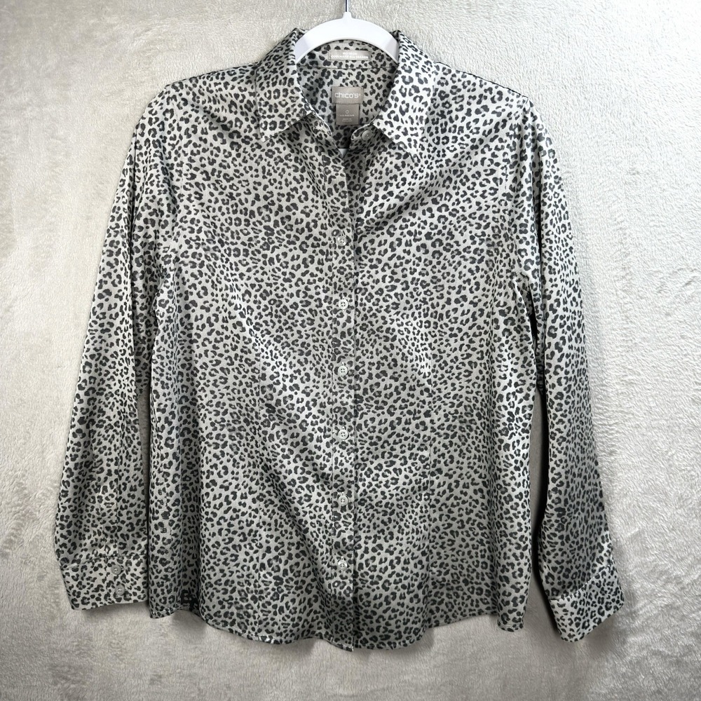 Chico's No Iron Coolmax All Season Button Up Shirt Gray Leopard Career Women's S